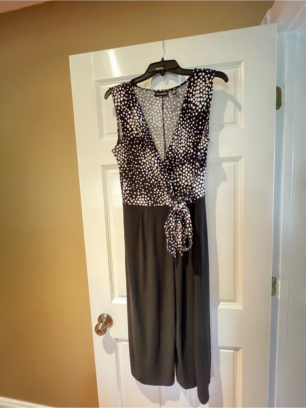 Nina Leonard Black and White Polka Dot Wrap Midi Dress